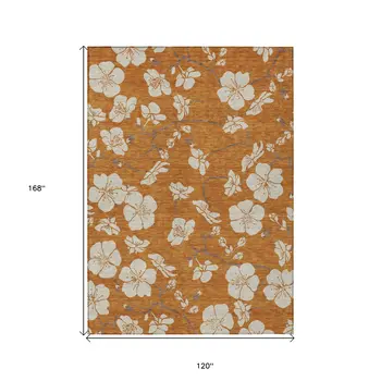 10' X 14' Copper Beige And Brown Floral Washable Indoor Outdoor Area Rug