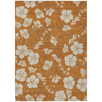 10' X 14' Copper Beige And Brown Floral Washable Indoor Outdoor Area Rug