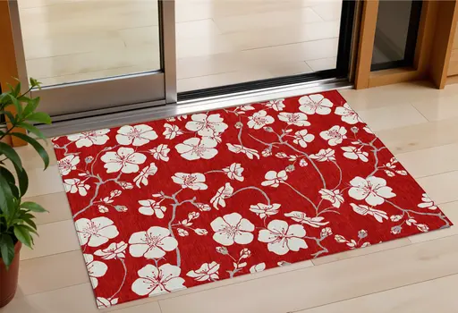 3' X 5' Red Ivory And Gray Floral Washable Indoor Outdoor Area Rug