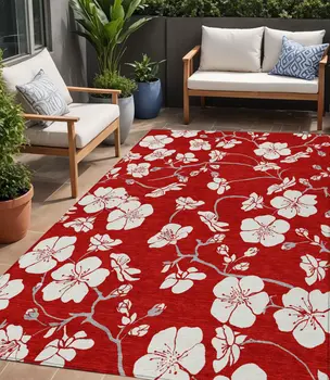 5' X 8' Red Ivory And Gray Floral Washable Indoor Outdoor Area Rug