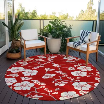 8' Red Ivory And Gray Round Floral Washable Indoor Outdoor Area Rug