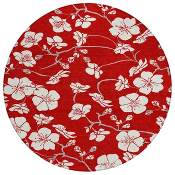 8' Red Ivory And Gray Round Floral Washable Indoor Outdoor Area Rug