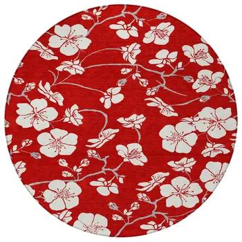 8' Red Ivory And Gray Round Floral Washable Indoor Outdoor Area Rug