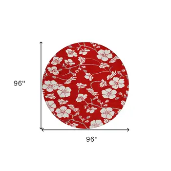 8' Red Ivory And Gray Round Floral Washable Indoor Outdoor Area Rug