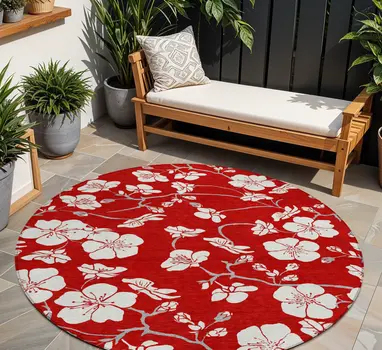 8' Red Ivory And Gray Round Floral Washable Indoor Outdoor Area Rug