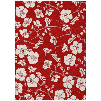 8' X 10' Red Ivory And Gray Floral Washable Indoor Outdoor Area Rug