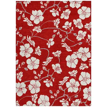 9' X 12' Red Ivory And Gray Floral Washable Indoor Outdoor Area Rug
