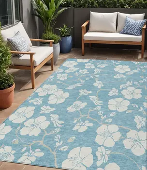 5' X 8' Sky Blue And Ivory Floral Washable Indoor Outdoor Area Rug