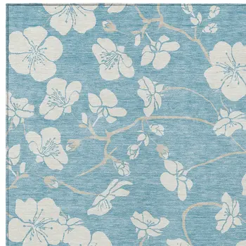 5' X 8' Sky Blue And Ivory Floral Washable Indoor Outdoor Area Rug