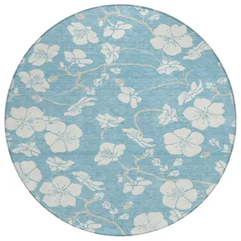 8' Sky Blue And Ivory Round Floral Washable Indoor Outdoor Area Rug