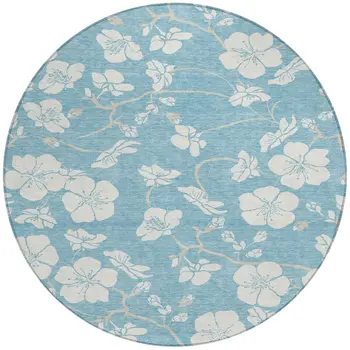 8' Sky Blue And Ivory Round Floral Washable Indoor Outdoor Area Rug