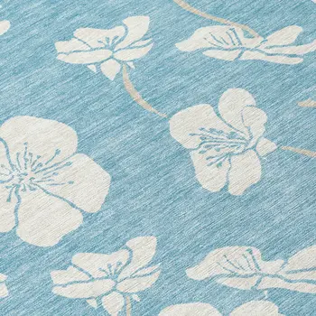 8' Sky Blue And Ivory Round Floral Washable Indoor Outdoor Area Rug
