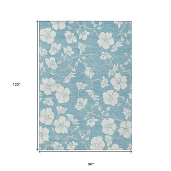 8' X 10' Sky Blue And Ivory Floral Washable Indoor Outdoor Area Rug