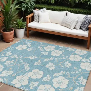 8' X 10' Sky Blue And Ivory Floral Washable Indoor Outdoor Area Rug