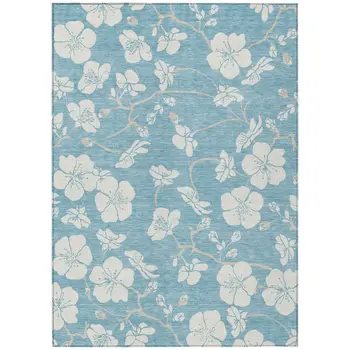 8' X 10' Sky Blue And Ivory Floral Washable Indoor Outdoor Area Rug