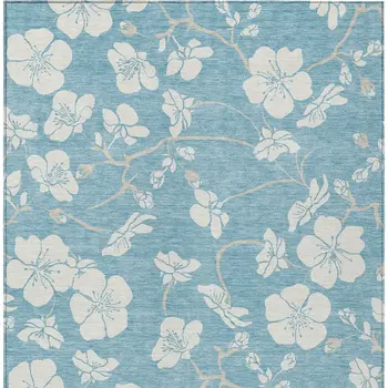 8' X 10' Sky Blue And Ivory Floral Washable Indoor Outdoor Area Rug