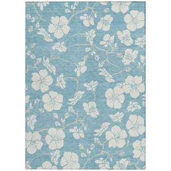 10' X 14' Sky Blue And Ivory Floral Washable Indoor Outdoor Area Rug