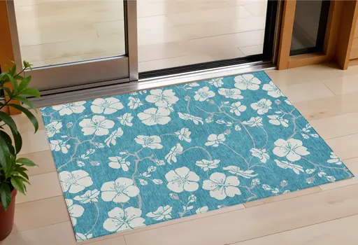 3' X 5' Turquoise Ivory And Gray Floral Washable Indoor Outdoor Area Rug