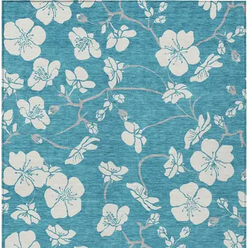 3' X 5' Turquoise Ivory And Gray Floral Washable Indoor Outdoor Area Rug