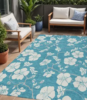5' X 8' Turquoise Ivory And Gray Floral Washable Indoor Outdoor Area Rug