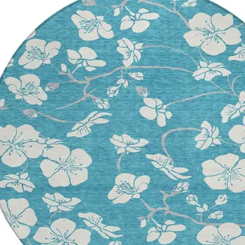 8' Turquoise Ivory And Gray Round Floral Washable Indoor Outdoor Area Rug