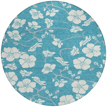 8' Turquoise Ivory And Gray Round Floral Washable Indoor Outdoor Area Rug