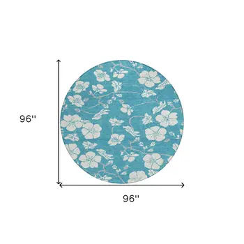 8' Turquoise Ivory And Gray Round Floral Washable Indoor Outdoor Area Rug