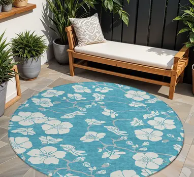 8' Turquoise Ivory And Gray Round Floral Washable Indoor Outdoor Area Rug