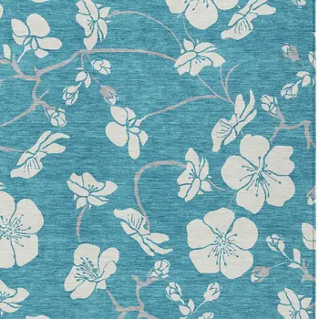 10' X 14' Turquoise Ivory And Gray Floral Washable Indoor Outdoor Area Rug