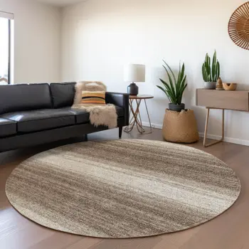 8' Brown And Beige Round Abstract Washable Indoor Outdoor Area Rug