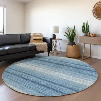 8' Blue And Ivory Round Abstract Washable Indoor Outdoor Area Rug