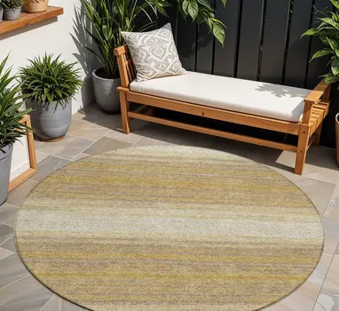 8' Gold And Beige Round Abstract Washable Indoor Outdoor Area Rug