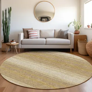 8' Gold And Beige Round Abstract Washable Indoor Outdoor Area Rug