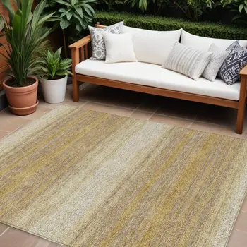 9' X 12' Gold And Beige Abstract Washable Indoor Outdoor Area Rug