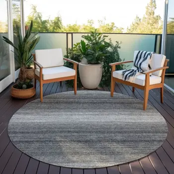 8' Gray And Charcoal Round Abstract Washable Indoor Outdoor Area Rug