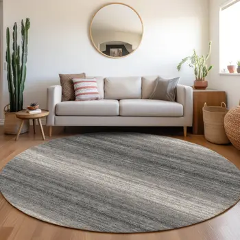 8' Gray And Charcoal Round Abstract Washable Indoor Outdoor Area Rug