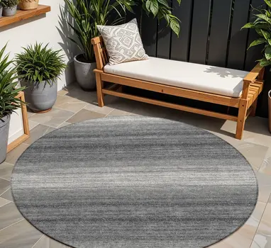 8' Gray And Charcoal Round Abstract Washable Indoor Outdoor Area Rug