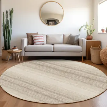 8' Ivory And Beige Round Abstract Washable Indoor Outdoor Area Rug
