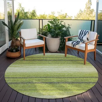 8' Lime Green Ivory And Black Round Abstract Washable Indoor Outdoor Area Rug