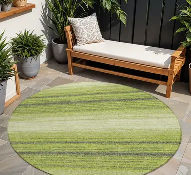 8' Lime Green Ivory And Black Round Abstract Washable Indoor Outdoor Area Rug