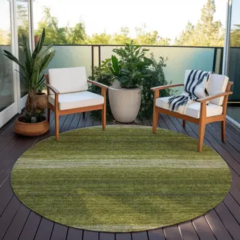 8' Olive Green And Beige Round Abstract Washable Indoor Outdoor Area Rug