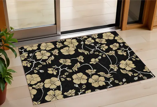3' X 5' Black And Gold Floral Washable Indoor Outdoor Area Rug