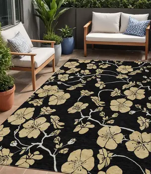5' X 8' Black And Gold Floral Washable Indoor Outdoor Area Rug