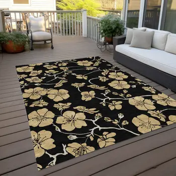 5' X 8' Black And Gold Floral Washable Indoor Outdoor Area Rug