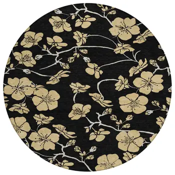 8' Black And Gold Round Floral Washable Indoor Outdoor Area Rug