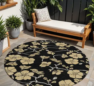 8' Black And Gold Round Floral Washable Indoor Outdoor Area Rug
