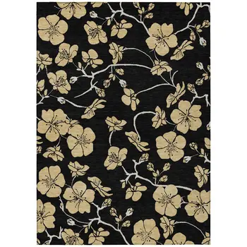 8' X 10' Black And Gold Floral Washable Indoor Outdoor Area Rug