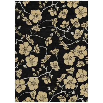 8' X 10' Black And Gold Floral Washable Indoor Outdoor Area Rug