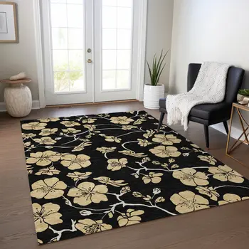 8' X 10' Black And Gold Floral Washable Indoor Outdoor Area Rug