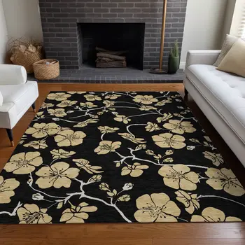 8' X 10' Black And Gold Floral Washable Indoor Outdoor Area Rug